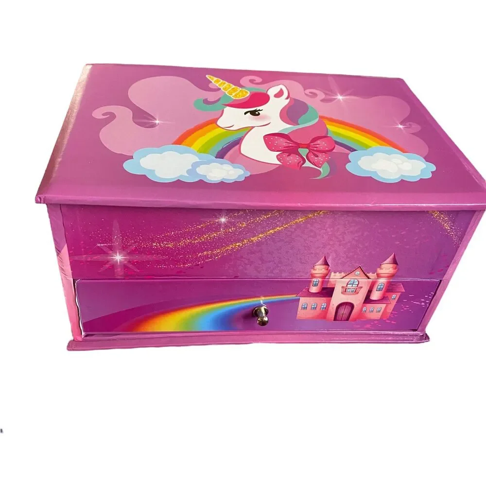 Pink Unicorn Rainbow Music Jewelry Box With Drawer Mirror Rhinestone Unicorn